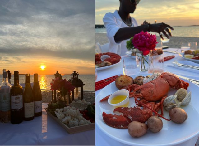 beach clam bake and wine tasting split image