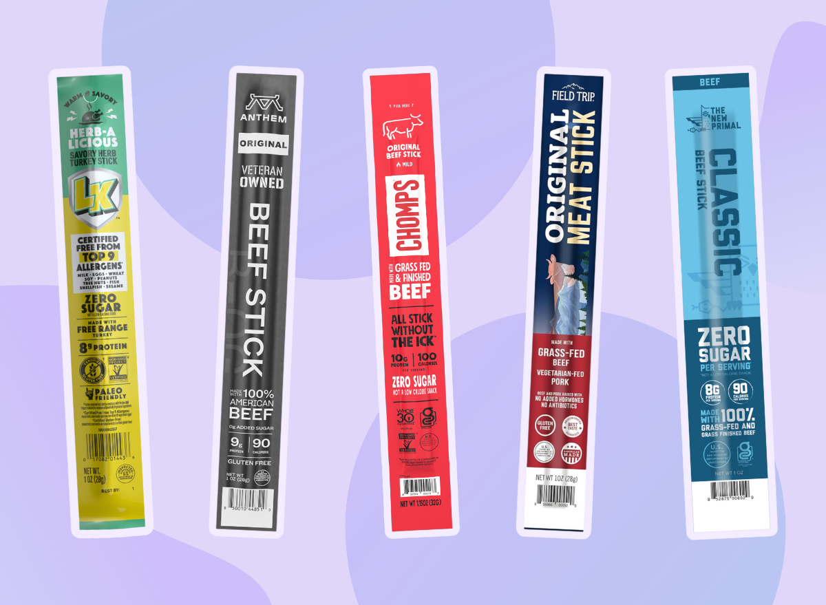 collage of five healthy jerky sticks on a designed purple background