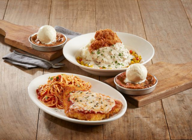 bj's pizzokies, chicken parmigiana with pasta, and southern fried chicken