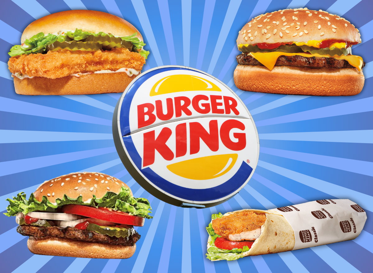 collage of high protein burger king orders in a collage around a bk logo on blue background