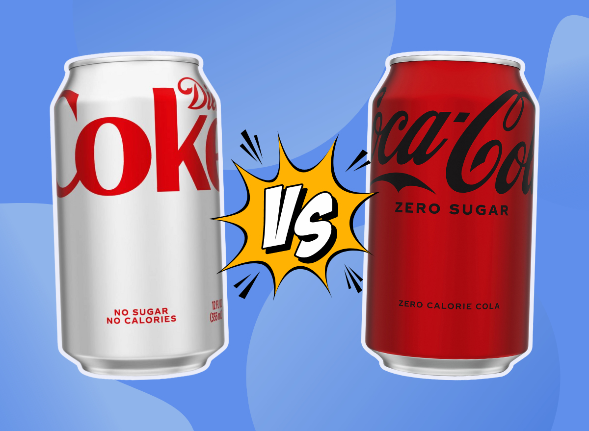 diet coke vs coca cola soda cans on a blue background