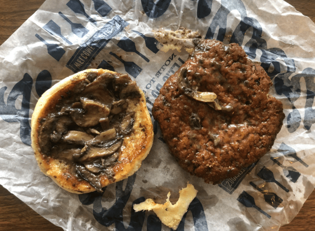 an open faced culver's mushroom and swiss burger 