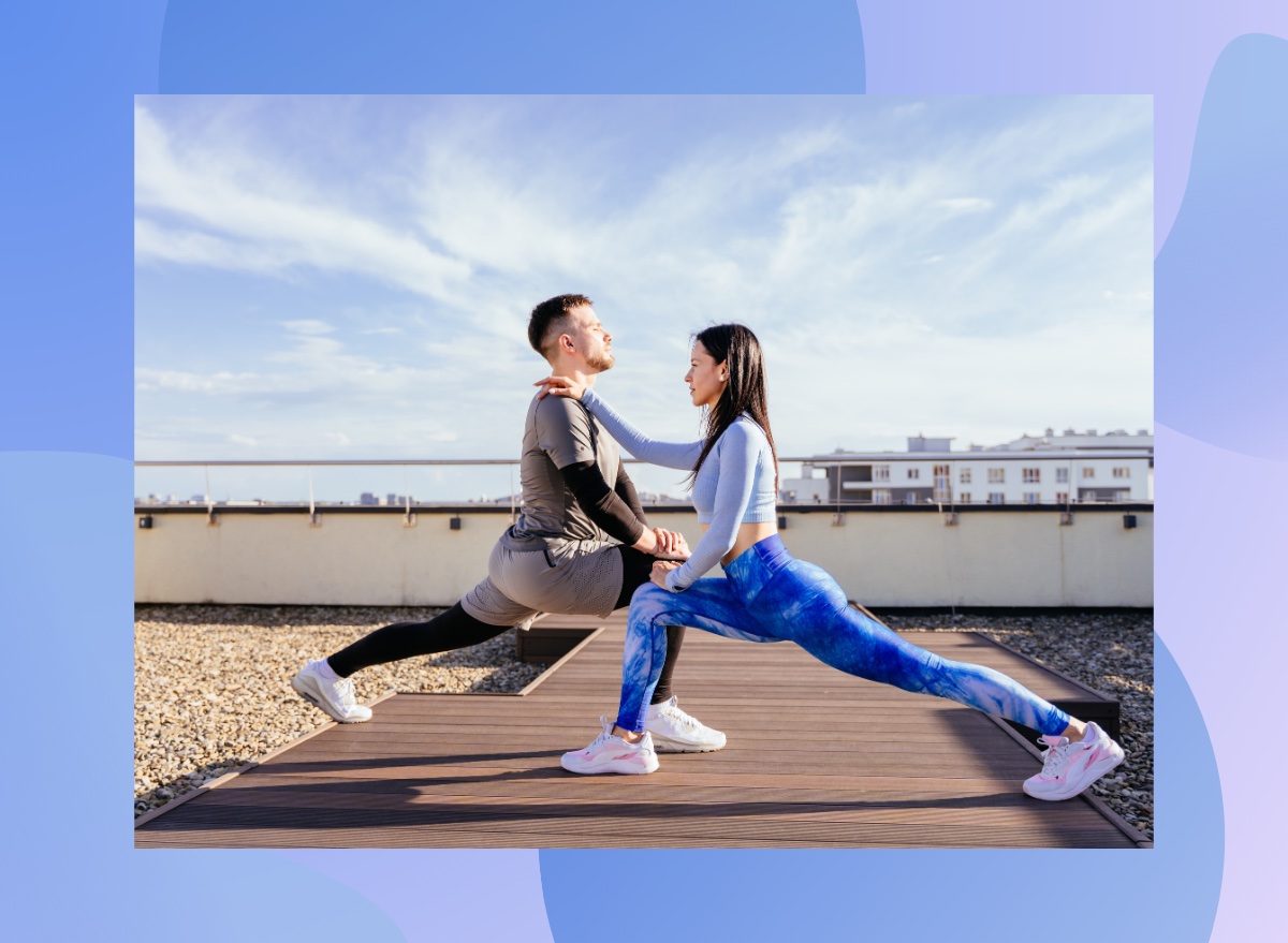 fitness couple doing lunges outdoors on rooftop workout space on sunny day