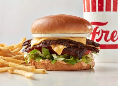 freddy's california steakburger, fries, and drink cup