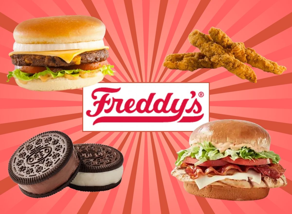 Freddy's logo and four menu items on a red striped background