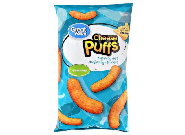 a bag of great value cheese puffs