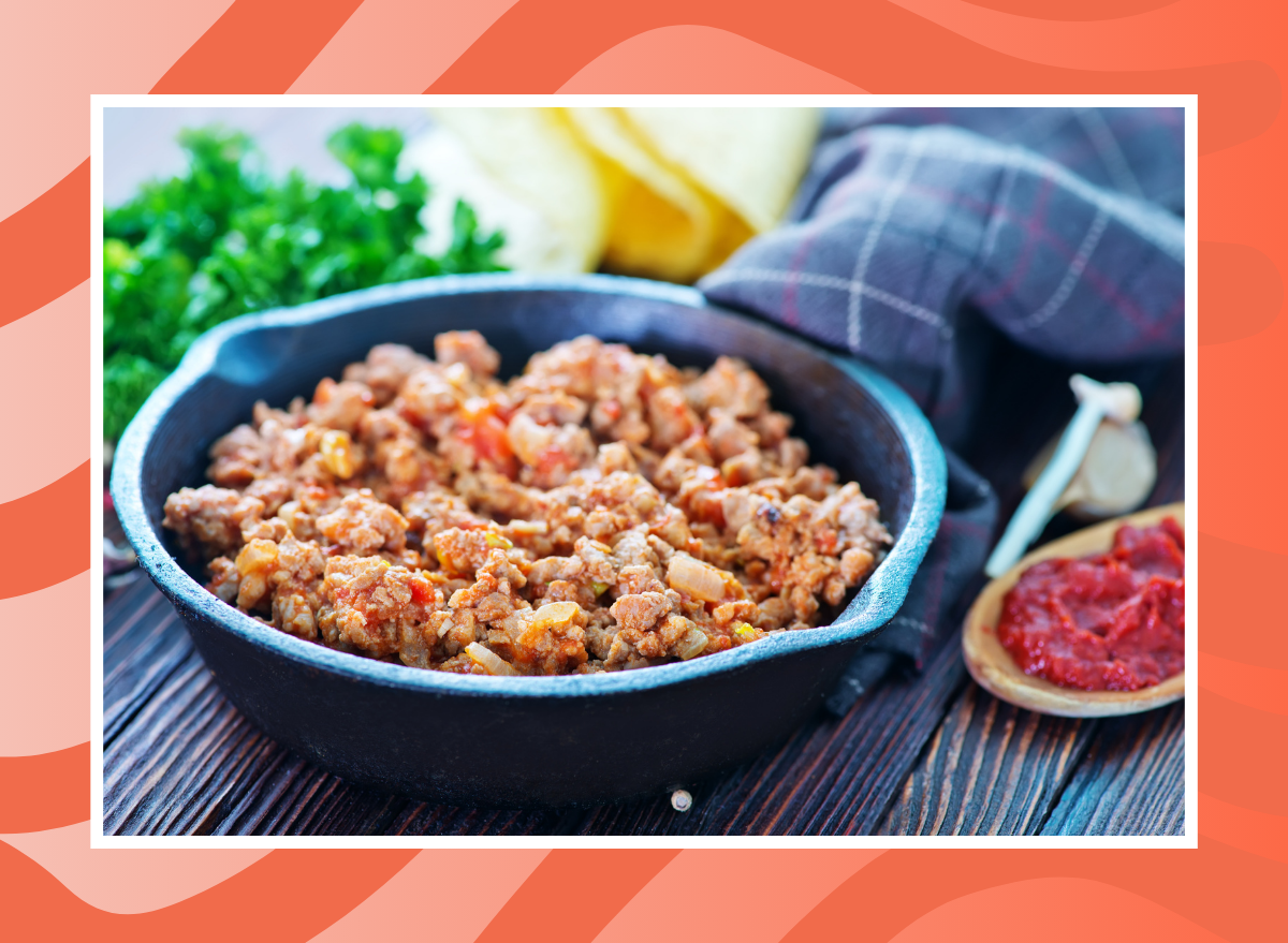 ground turkey in a skillet with red background