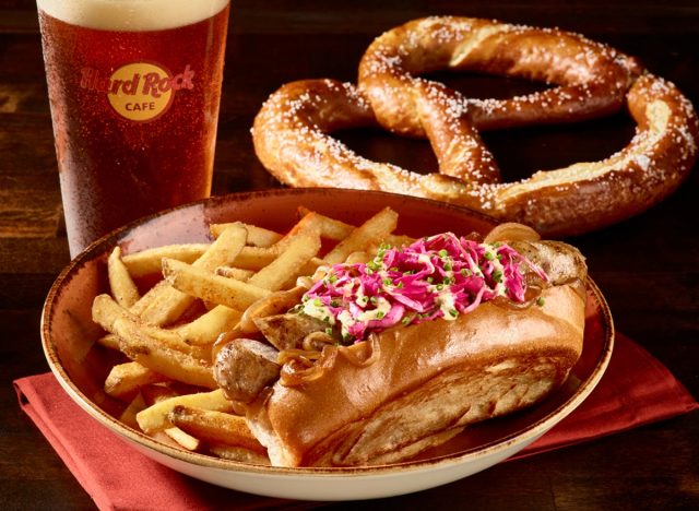 hard rock cafe beer, jumbo soft pretzel, bratwurst, and fries