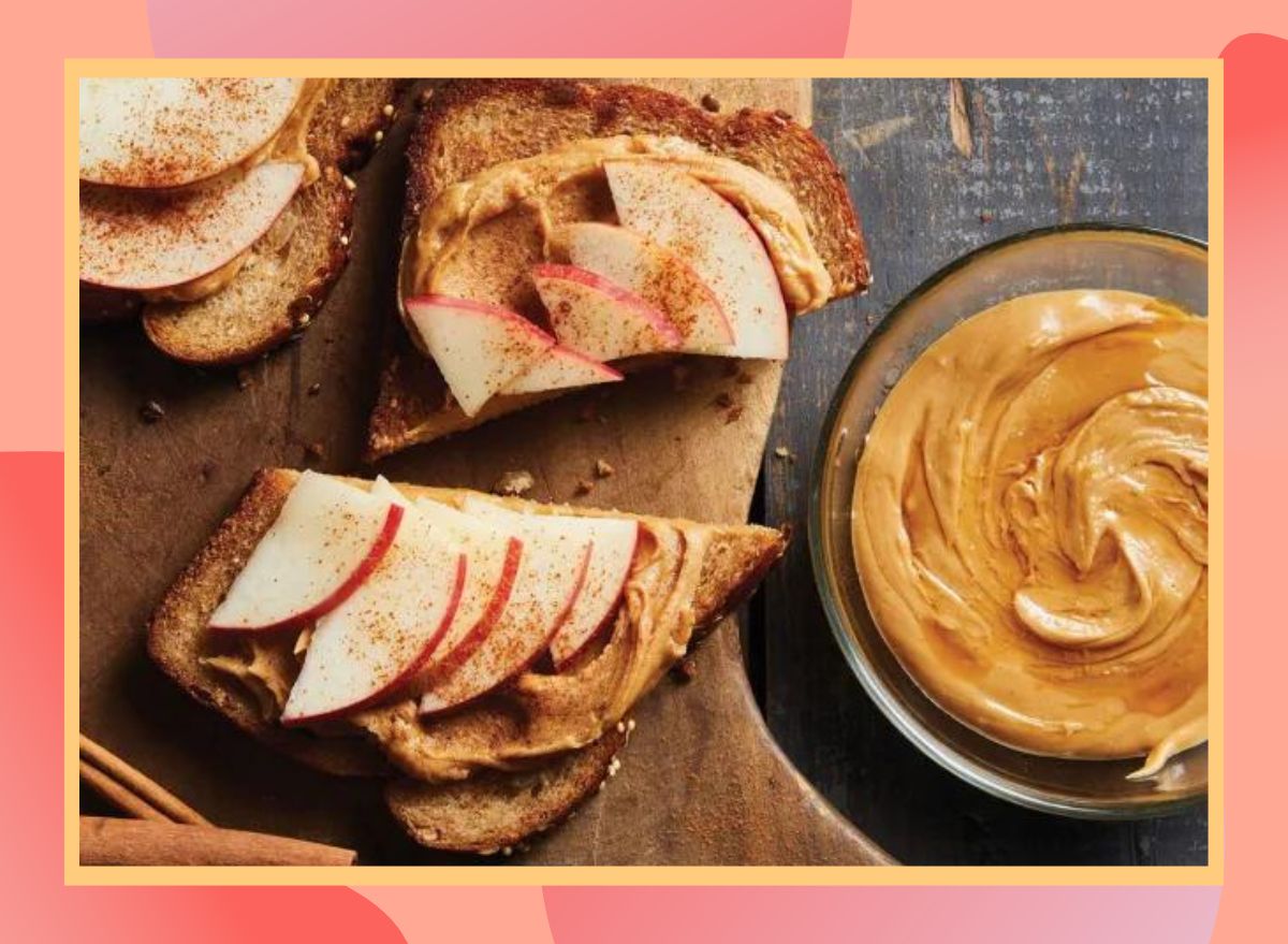 a photo of sliced apples on peanut butter toast on a designed background