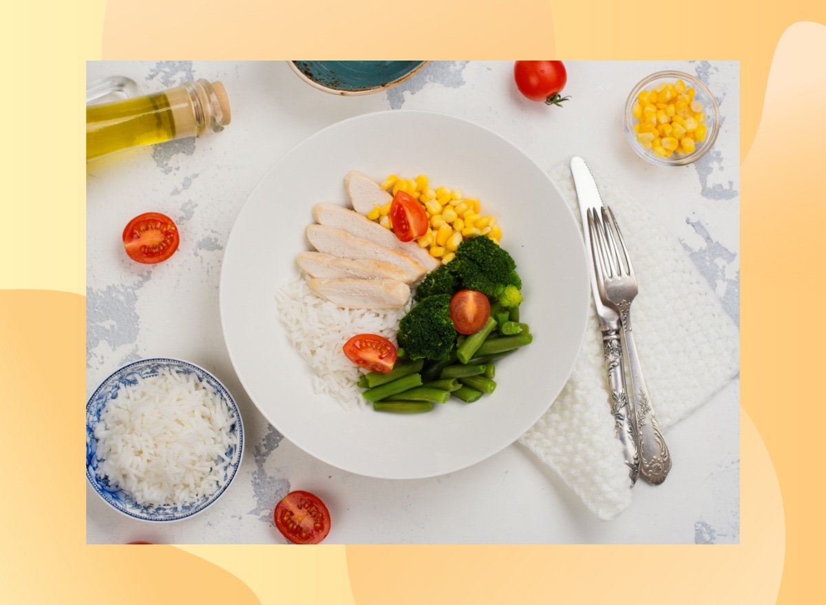 a healthy, portion-controlled plate with rice, chicken, broccoli, and corn