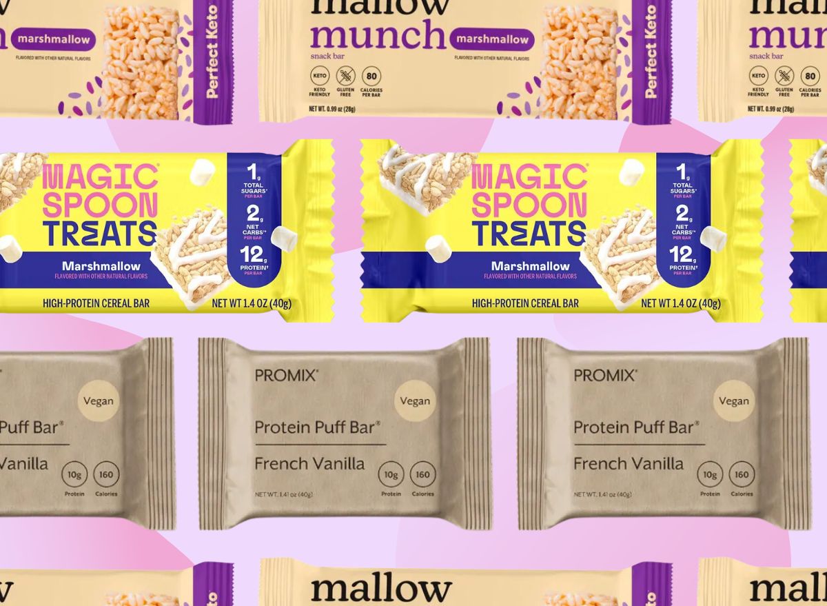 multiple brands of rice crispy treats on a pink background