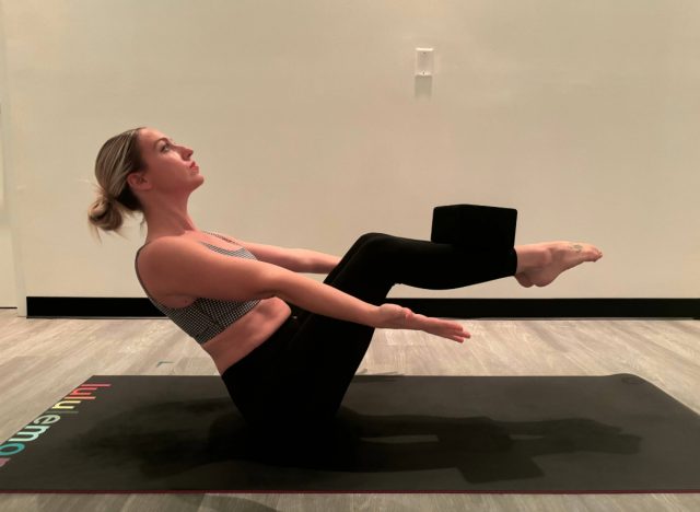 high boat pose with yoga block