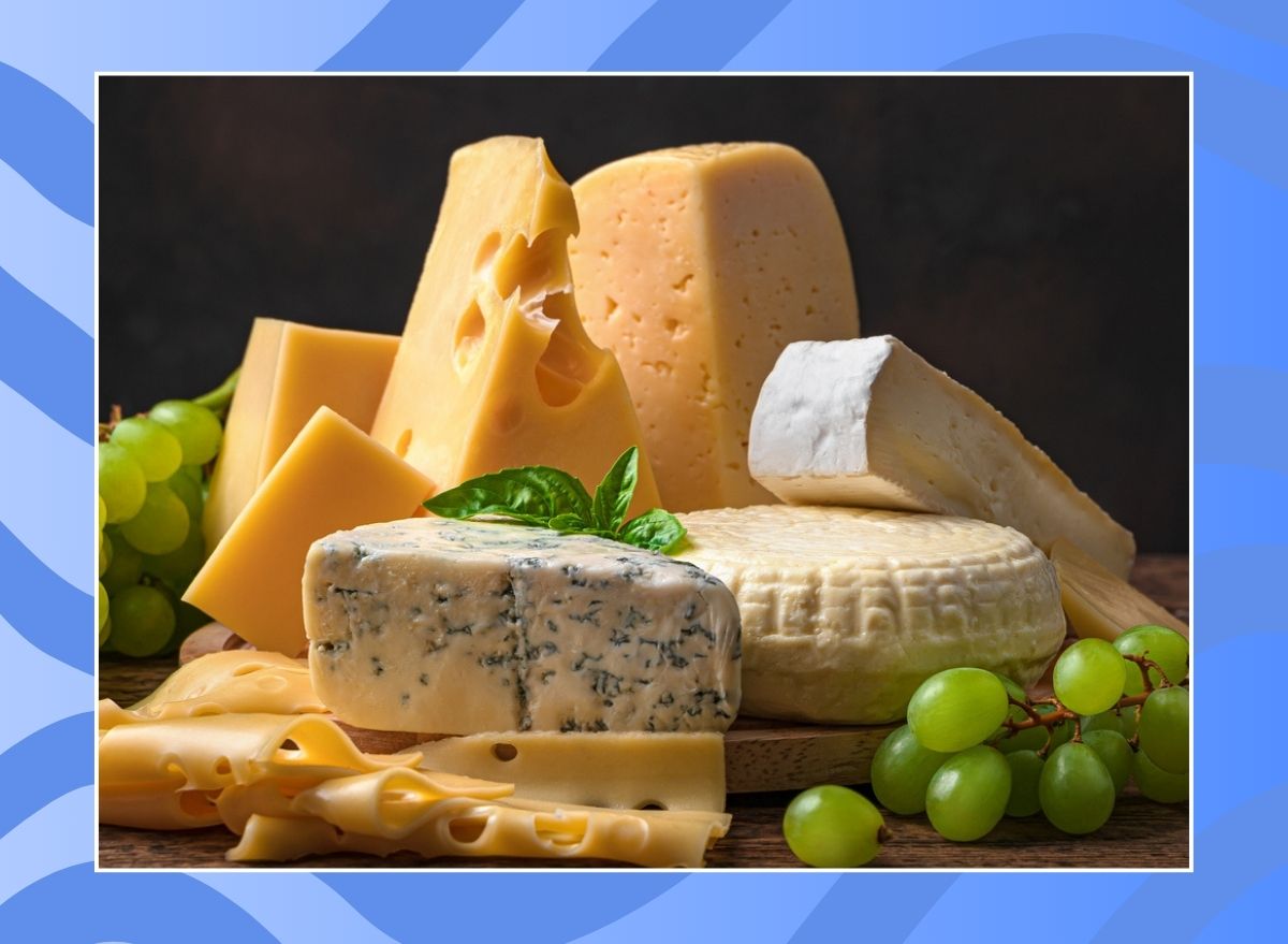 different cheeses together on a blue background