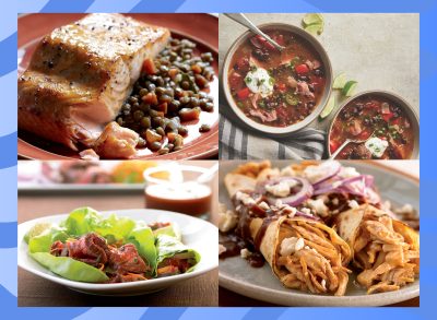 collage of high protein dinner ideas for weight loss featuring salmon black bean soup beef wraps and chicken enchiladas