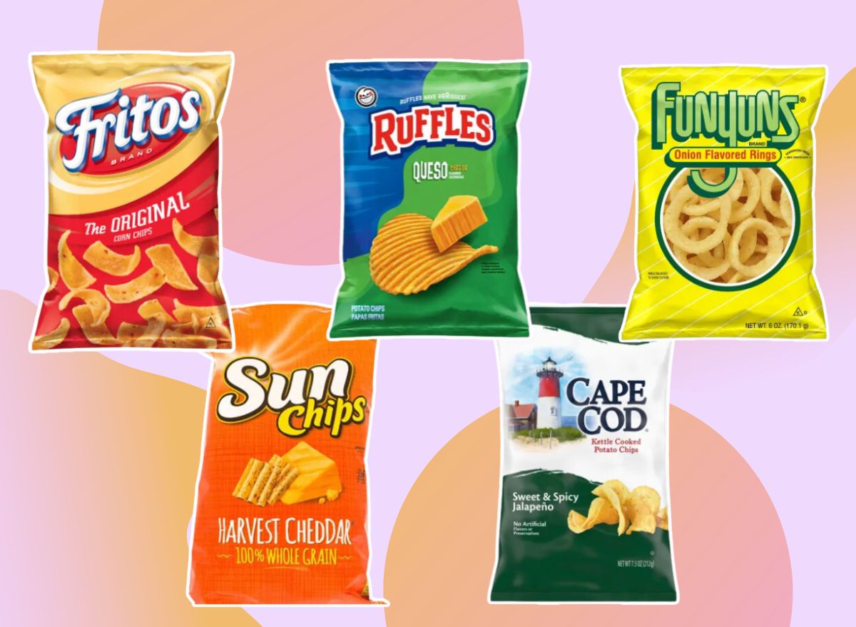 five bags of chips on a yellow and pink background