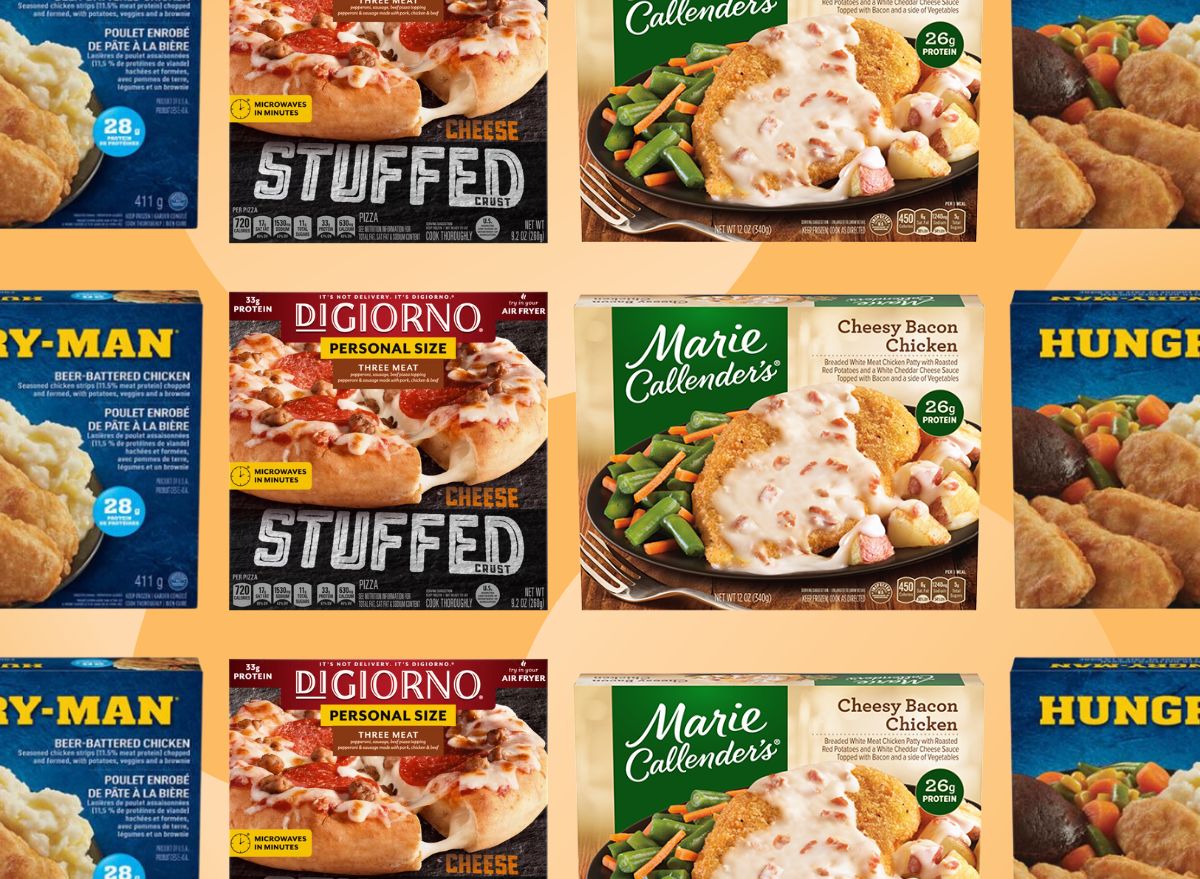 three brands of frozen meals on a yellow background