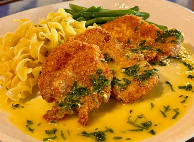 iron hill huhnerschnitzel, green-beans, and buttered-egg noodles