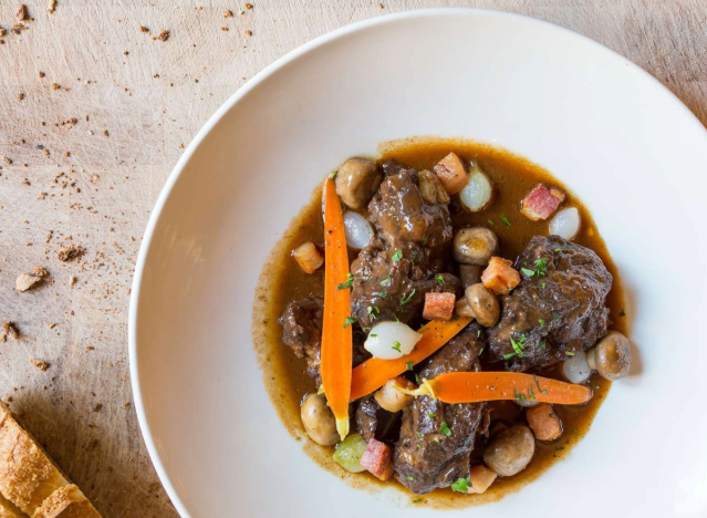 left bank beef stew in a white bowl