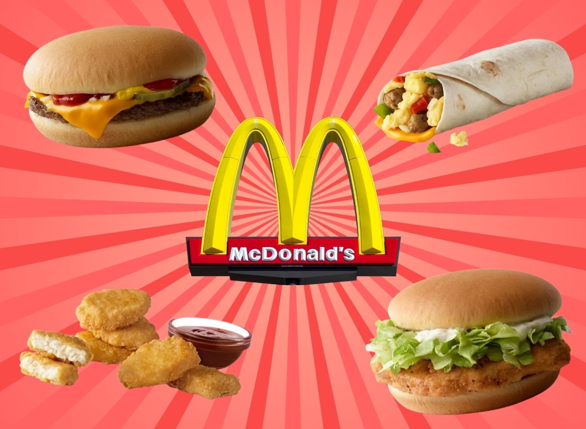 McDonald's logo and four menu items on a red striped background