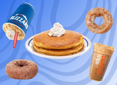 An array of pumpkin spice-flavored restuarant items set against a colorful background