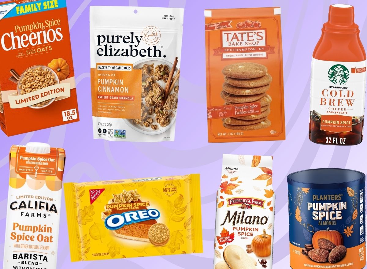 pumpkin spice products set against a lavender designed background