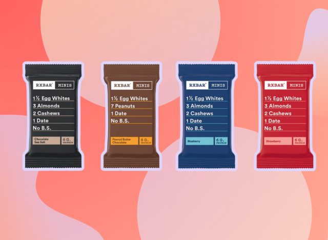 RXBars minis on a pink and purple background