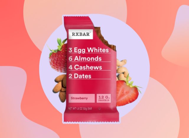 RXBars strawberry on a pink and purple background