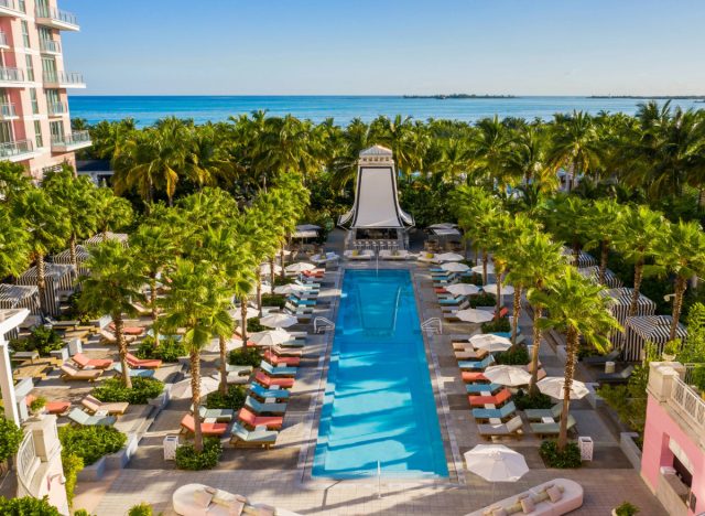 aerial view of SLS Baha Mar in the Bahamas, the pool and beach