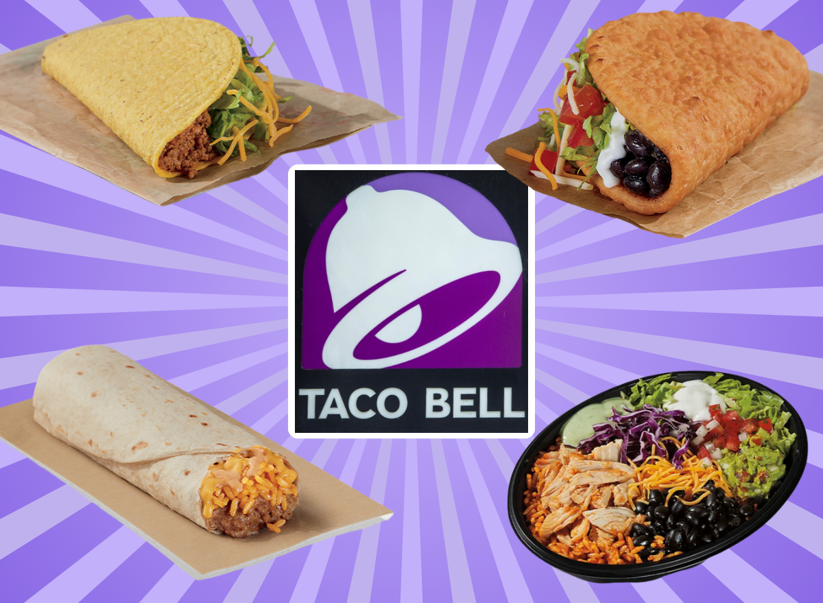 four taco bell menu items surrounding a taco bell icon