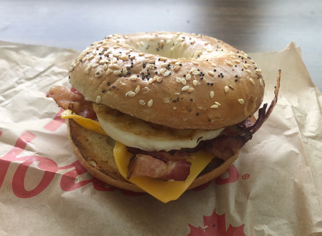 tim horton's breakfast sandwich on a wrapper