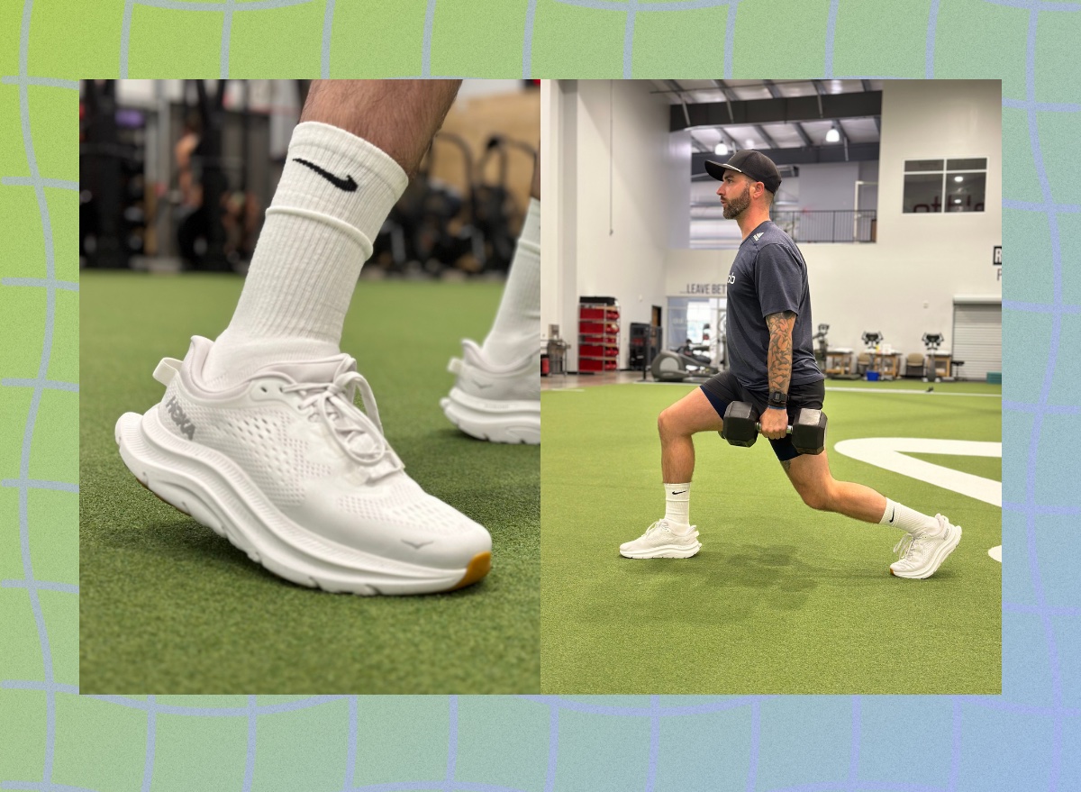 split image of trainer testing out HOKA's Kawana 2 sneakers