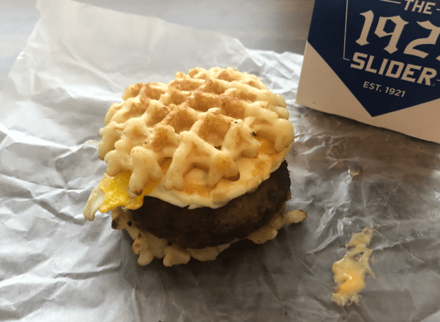 a white castle breakfast slider on a wrapper 