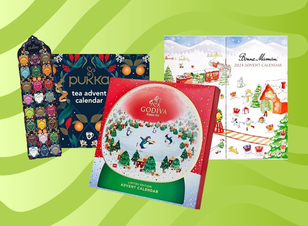 A trio of popular advent calendars set against a vibrant green background.