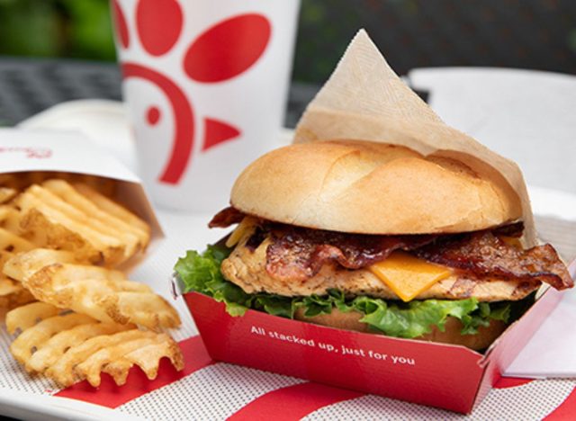 Chick-fil-A Smokehouse BBQ Bacon Sandwich, fries, and drink on a table