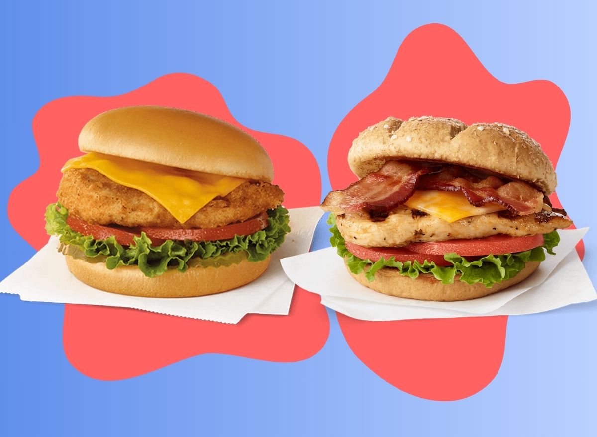 A pair of chicken sandwiches from Chick-fil-A set against a colorful background