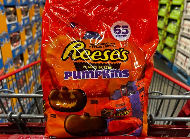 A bag of pumpkin-shaped Reese's Peanut Butter Cups at Costco