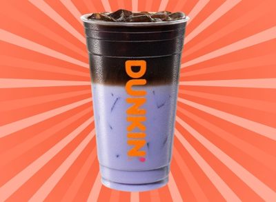 Dunkin's new Halloween-themed Potion Macchiato set against a vibrant background.