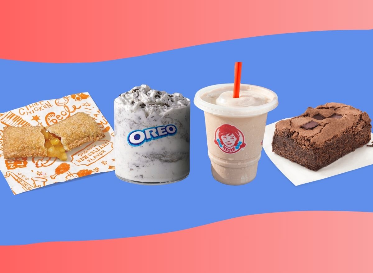 Popeyes apple pie, McDonald's Oreo McFlurry, Wendy's Chocolate Frosty, and Chick-fil-A Brownie on colorful background