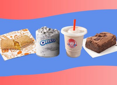 Popeyes apple pie, McDonald's Oreo McFlurry, Wendy's Chocolate Frosty, and Chick-fil-A Brownie on colorful background