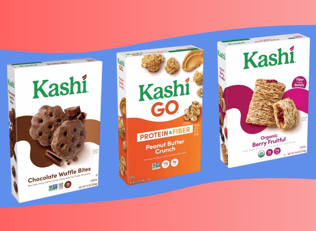 A trio of Kashi cereals set against a colorful background.