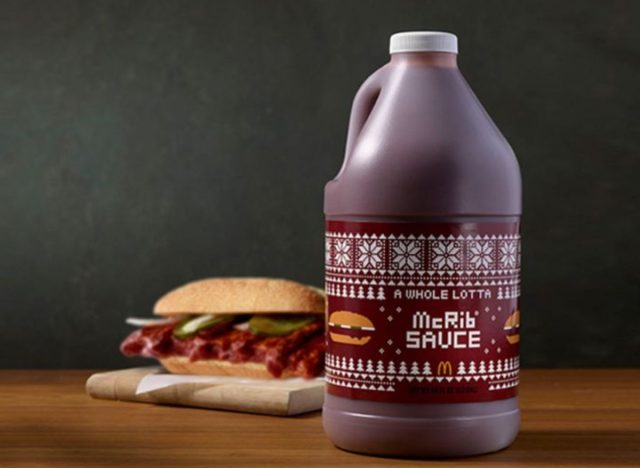 McDonald's McRib next to half-gallon jug of McRib sauce