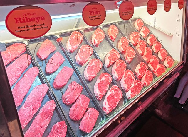 A meat case stocked with steaks at Texas Roadhouse