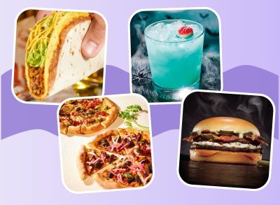 pictures of Taco Bell Double Decker Taco, Applebee's Dollar Zombie, California Pizza Kitchen LTO pizzas, and Whataburger Bacon Blaze Jalapeno Double on colorful purple background