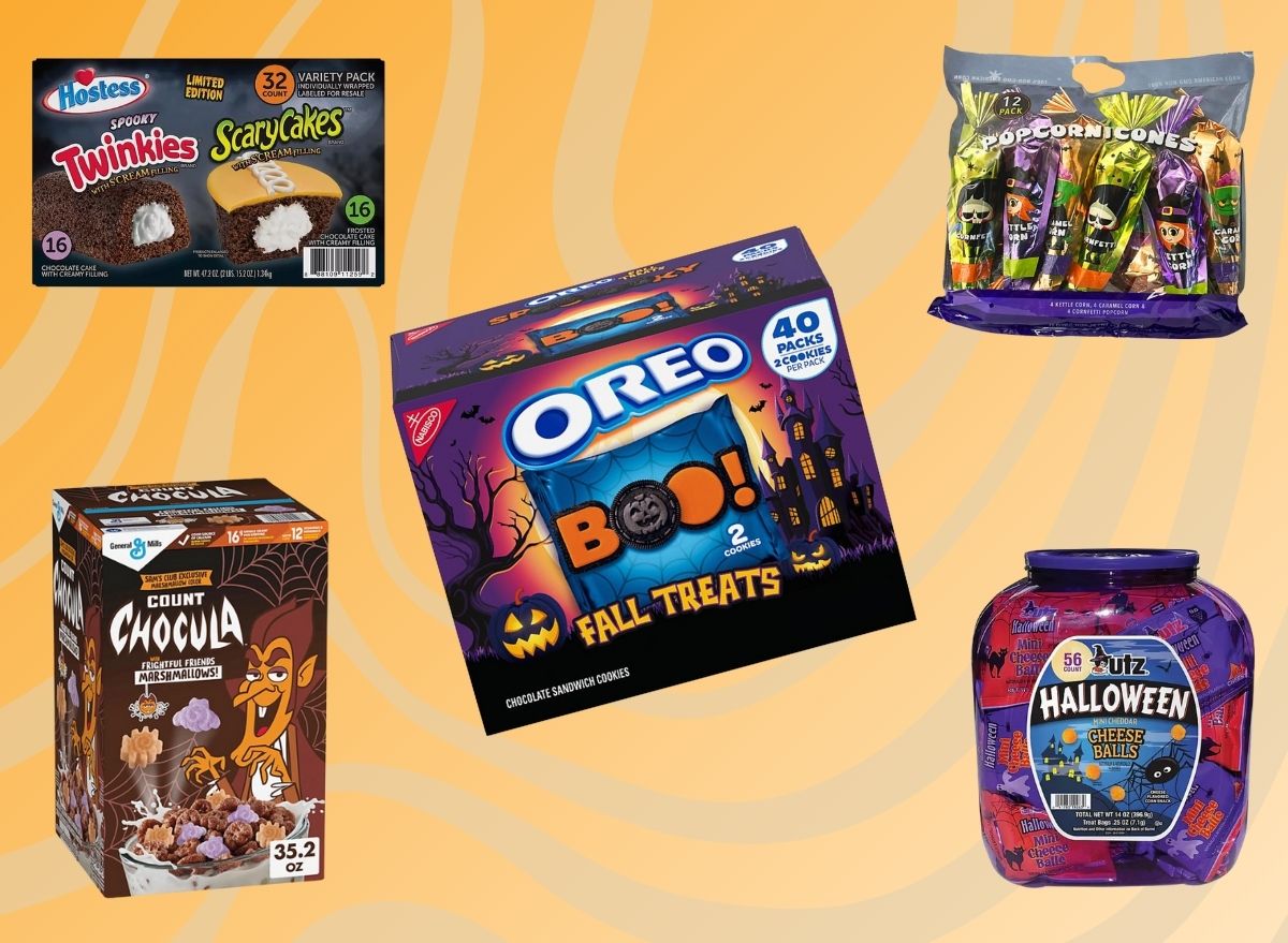 An array of Halloween items from Sam's Club set against a vibrant background.