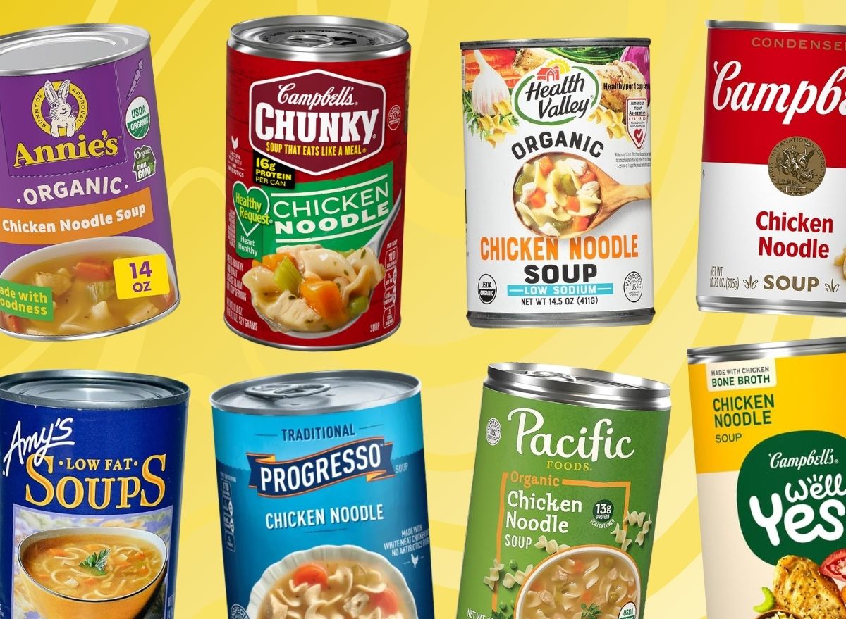 An array of canned chicken noodle soups set against a vibrant yellow background.