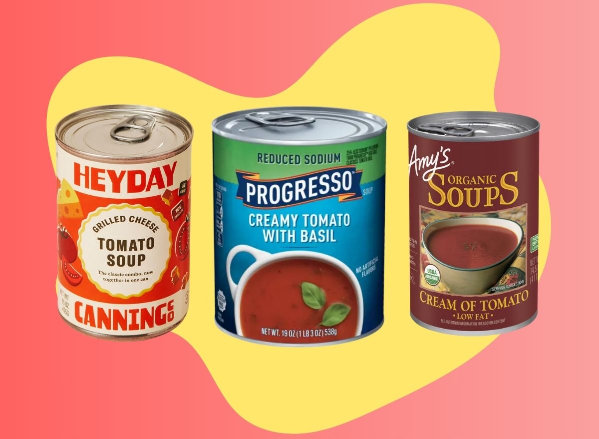 A trio of popular tomato soup brands set against a colorful background.