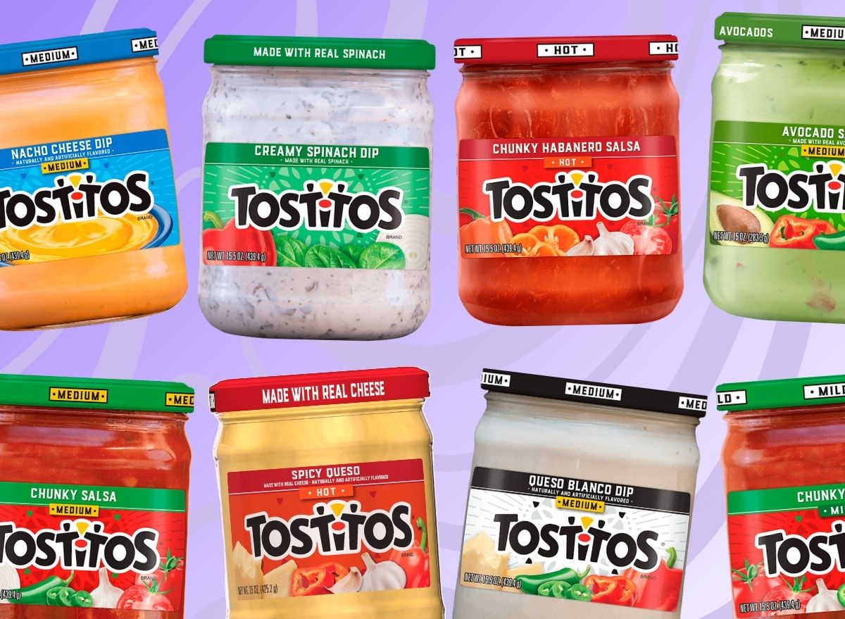 An array of Tostitos brand salsa and dips set against a vibrant background.