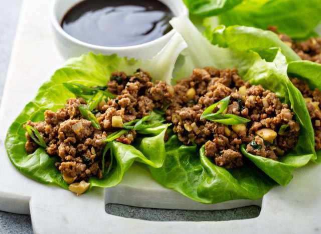 Chicken or turkey asian lettuce wraps with sweet and spicy sauce