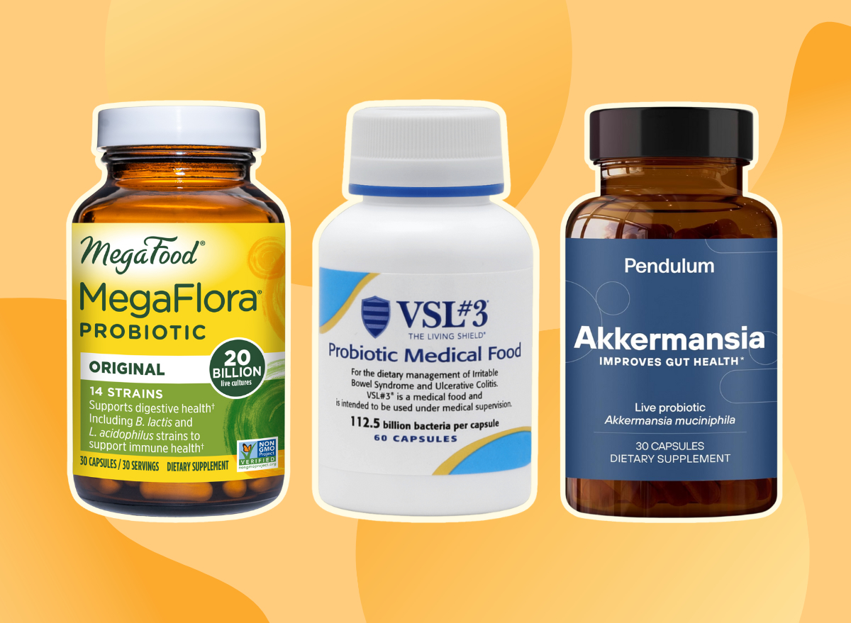 three probiotic supplement brands on a designed orange background