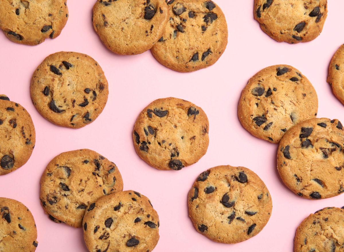 chocolate chip cookies on a pink background